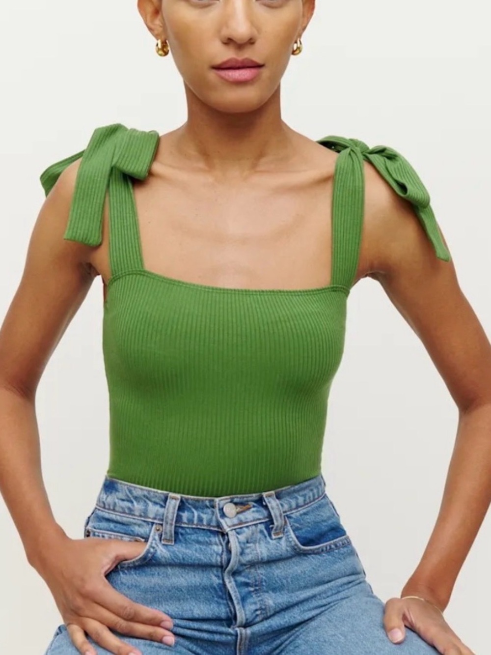 Reformation Green Tie-Shoulder Ribbed Camisole